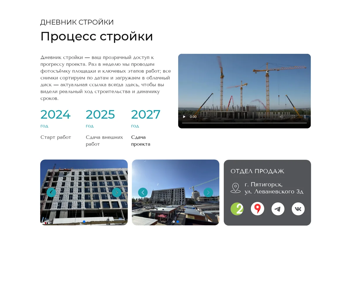 Блок «Процесс стройки» на сайте: этапы 2024, 2025, 2027